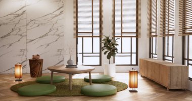 Düşük masa ve yastıklı modern oda japan tarzı..