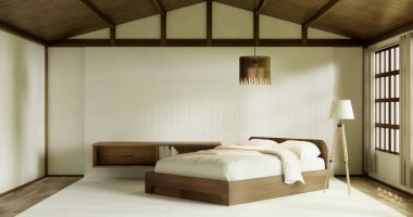 Muji tarzı boş oda ahşap yatak, beyaz duvar ve ahşap duvarla süslenmiş. 3d oluşturma