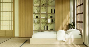 Muji tarzı boş oda ahşap yatak, beyaz duvar ve ahşap duvarla süslenmiş. 3d oluşturma