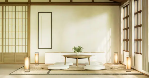 stock image Modern with low table and pillow on minimal room japan style.