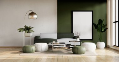 Minimalist Yeşil Oturma Odası İç Tasarım Kanepe modern ve dekorasyonlu.