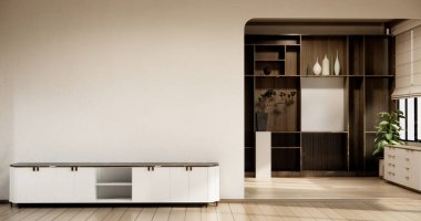 Dolaplar ve raflar boş odada dekorasyon, lamba, çiçekler, halı, kanepe.