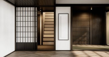 Ahşap duvarlı beyaz duvarlı modern odada merdivenler ahşap..