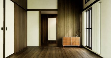 Dolaplar ve raflar boş odada dekorasyon, lamba, çiçekler, halı, kanepe.