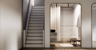 Ahşap duvarlı beyaz duvarlı modern odada merdivenler ahşap..