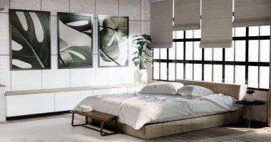 Modern Japon tarzında dekore edilmiş modern yatak odası tasarımı..