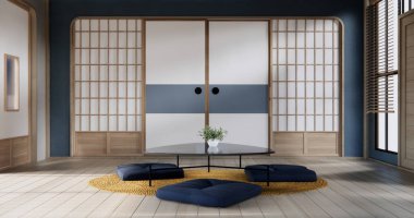 Japonya alçak masa ve yastığı modern oturma odası renklerinde. 3 Boyutlu Hazırlama