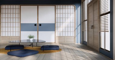Japonya alçak masa ve yastığı modern oturma odası renklerinde. 3 Boyutlu Hazırlama