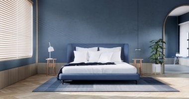 Modern Japon tarzında dekore edilmiş modern yatak odası tasarımı..