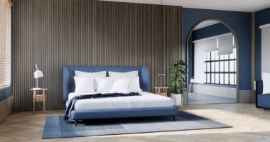 Modern Japon tarzında dekore edilmiş modern yatak odası tasarımı..