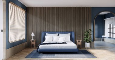 Modern Japon tarzında dekore edilmiş modern yatak odası tasarımı..