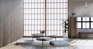 Japonya alçak masa ve yastığı modern oturma odasında renkli bir şekilde.