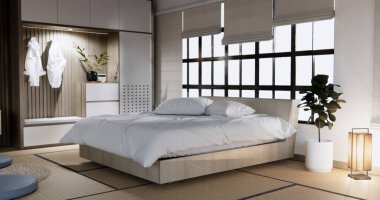 Modern Japon tarzında dekore edilmiş modern yatak odası tasarımı..