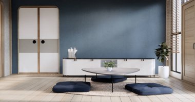 Japonya alçak masa ve yastığı modern oturma odası renklerinde. 3 Boyutlu Hazırlama