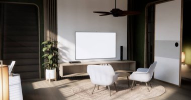 Oturma odasındaki dolap duvarı modern minimalist tarzda..