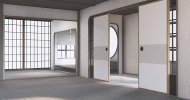 Modern Japonya oda ahşap zemin duvar tasarımı.