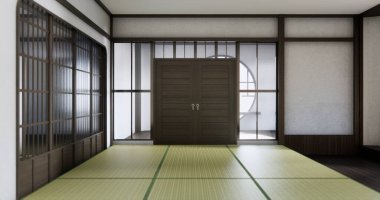 Modern Japon odası ahşap zemin ve raf ahşap duvar tasarımı.