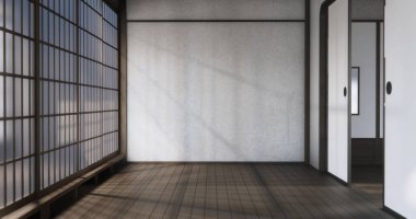 Modern Japonya oda ahşap zemin duvar tasarımı.