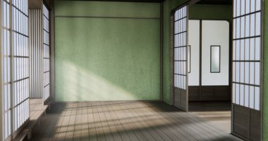 Wabisabi tarzı iç mekan yeşil Japon odası.