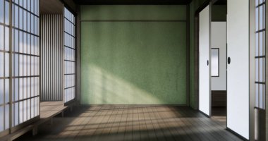 Wabisabi tarzı iç mekan yeşil Japon odası.