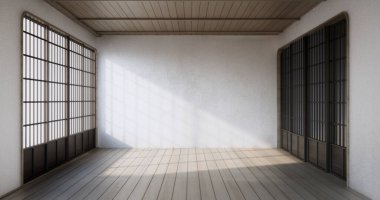 Modern Japonya oda ahşap zemin duvar tasarımı.