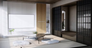 Japonya alçak masa ve yastığı modern oturma odası renklerinde. 3 Boyutlu Hazırlama