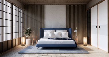 Wabi sabi yatağı ve Japon yatak odasındaki decoartion bitkileri..