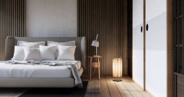 Wabi sabi yatağı ve Japon yatak odasındaki decoartion bitkileri..