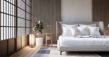 Wabi sabi yatağı ve Japon yatak odasındaki decoartion bitkileri..