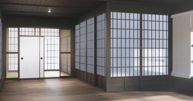 Standart boş oda Japon ahşap iç tasarımı. 3B görüntüleme