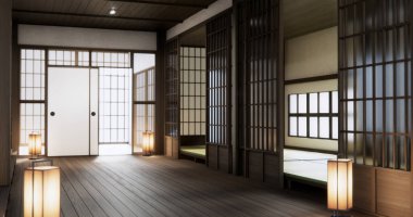 Standart boş oda Japon ahşap iç tasarımı. 3B görüntüleme
