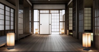 Standart boş oda Japon ahşap iç tasarımı. 3B görüntüleme