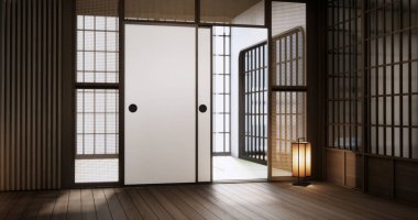 Standart boş oda Japon ahşap iç tasarımı. 3B görüntüleme