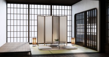 Japonya alçak masa ve yastığı modern oturma odası renklerinde. 3 Boyutlu Hazırlama