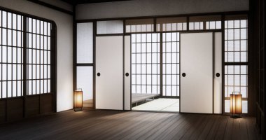 Standart boş oda Japon ahşap iç tasarımı. 3B görüntüleme