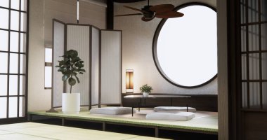 Japonya alçak masa ve yastığı modern oturma odası renklerinde. 3 Boyutlu Hazırlama