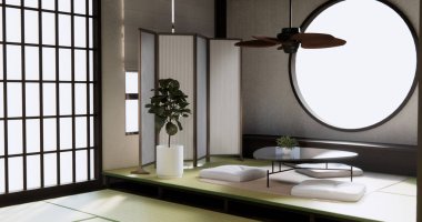 Japonya alçak masa ve yastığı modern oturma odası renklerinde. 3 Boyutlu Hazırlama