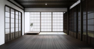 Standart boş oda Japon ahşap iç tasarımı. 3B görüntüleme