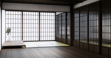 Standart boş oda Japon ahşap iç tasarımı. 3B görüntüleme