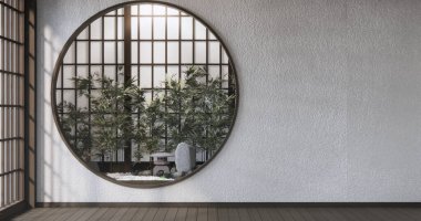 Standart boş oda Japon ahşap iç tasarımı. 3B görüntüleme