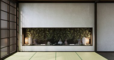 Standart boş oda japan ve tatami paspas katı. 3B görüntüleme