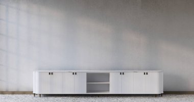 Oturma odasındaki boş 3D kabine ahşap Japon tasarımı.