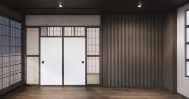 Standart boş oda Japon ahşap iç tasarımı. 3B görüntüleme