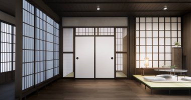 Japonya alçak masa ve yastığı modern oturma odası renklerinde. 3 Boyutlu Hazırlama