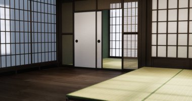 Standart boş oda japan ve tatami paspas katı. 3B görüntüleme