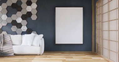 Mavi maket, koltuk koltuğu ve altıgen döşeme duvarındaki dekorasyon bitkileri Modern oda minimalist.3D