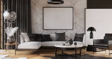 Altıgen kiremitler üzerinde koltuk ve dekorasyon bitkileri. Modern oda minimalist3D.