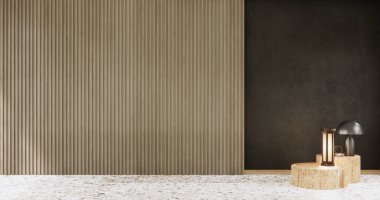 Oturma odasının karanlık konsepti Zen tarzı boş arka plan 3D görüntüleme