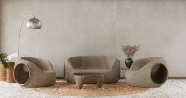 Koltuk ve dekorasyon Japon beyazlar modern oturma odası 3D tasarımı