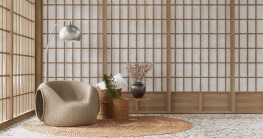 Koltuk ve dekorasyon Japon beyazlar modern oturma odası 3D tasarımı